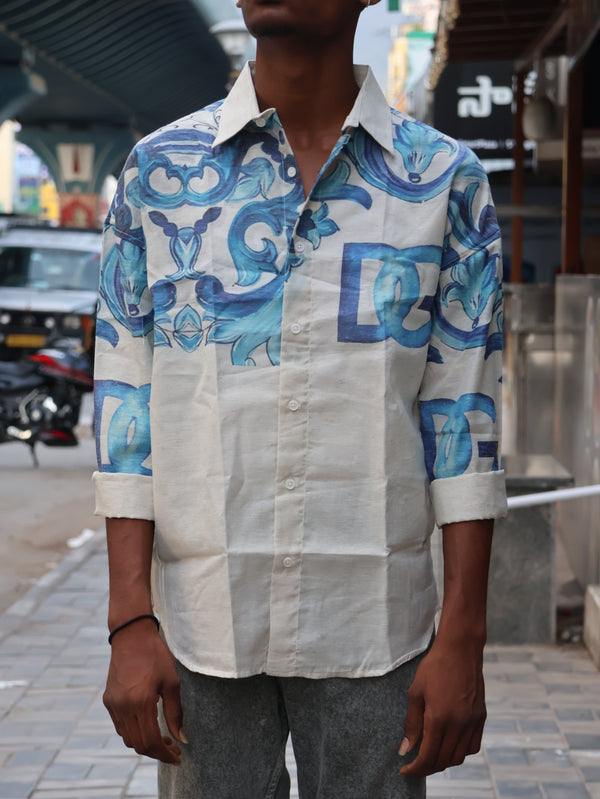 Premium Blue Floral Print Shirt – Off White