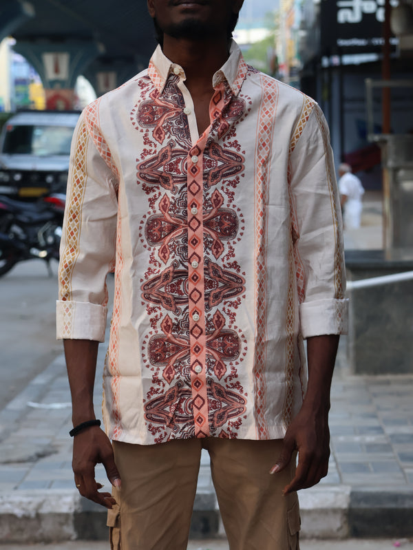 Ethnic Printed Designer Shirt – Cream & Rust