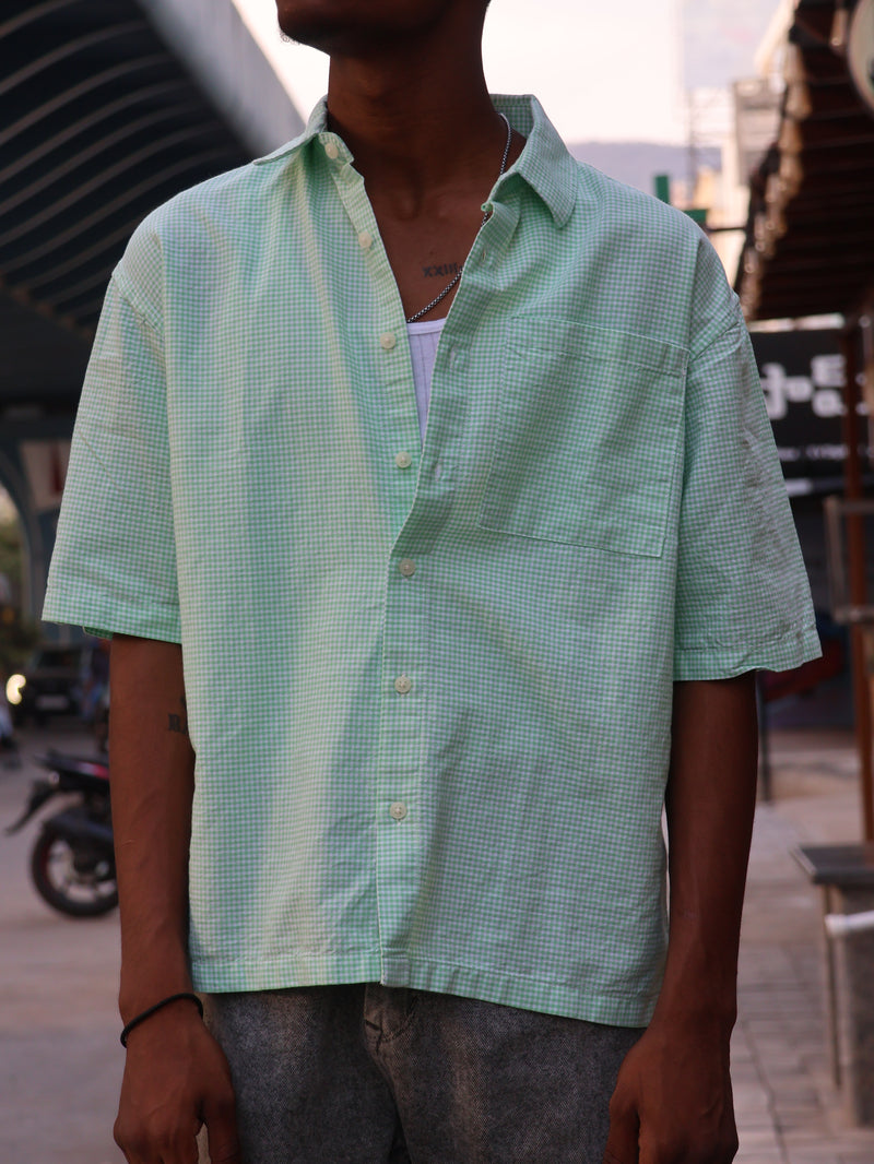 Mint Green Check Printed Graphic Shirt