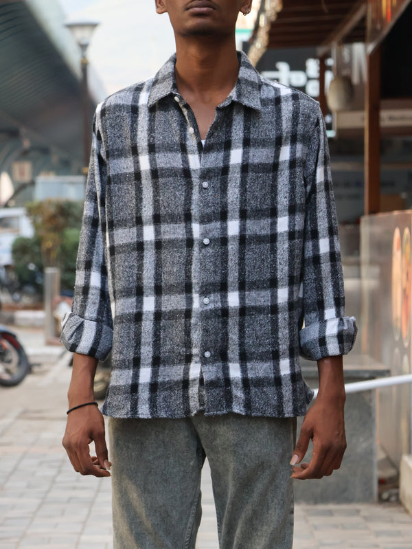 Black & White Plaid Embroidered Rose Shirt
