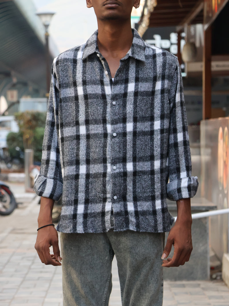 Black & White Plaid Embroidered Rose Shirt