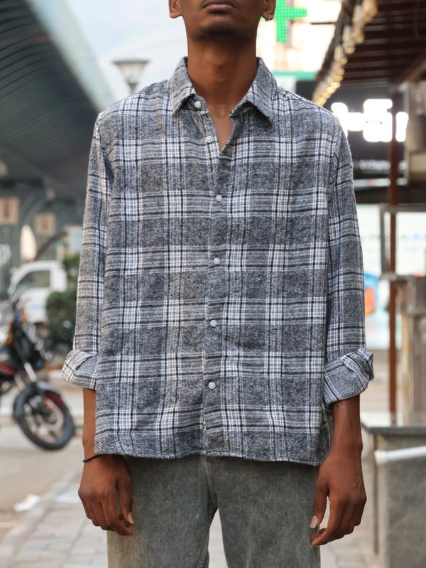 Grey Plaid Embroidered Rose Shirt