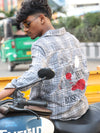 Grey Plaid Embroidered Rose Shirt