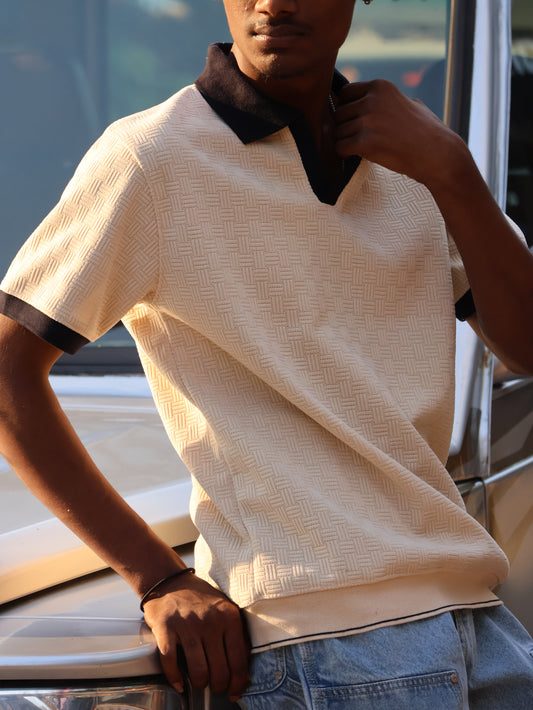 Cream Basketweave Textured Polo
