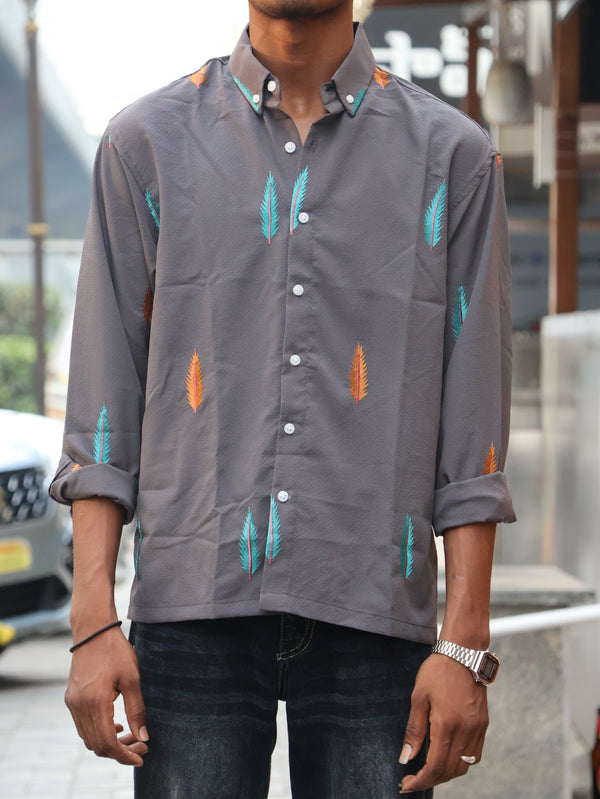 Embroidered Feather Shirt - Textured Grey