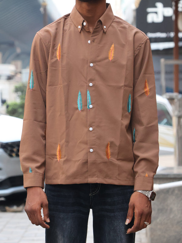 Embroidered Feather Shirt - Textured Earth Brown