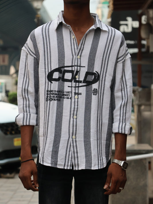 ‘COLD’ Waffle Texture Striped Shirt