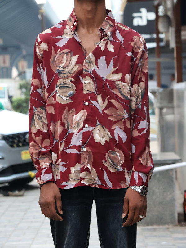 Large Floral Print Shirt - Deep Burgundy & Tan