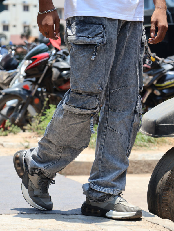 Urban Acid-Wash Multi-Pocket Cargo Pants – Slate Grey