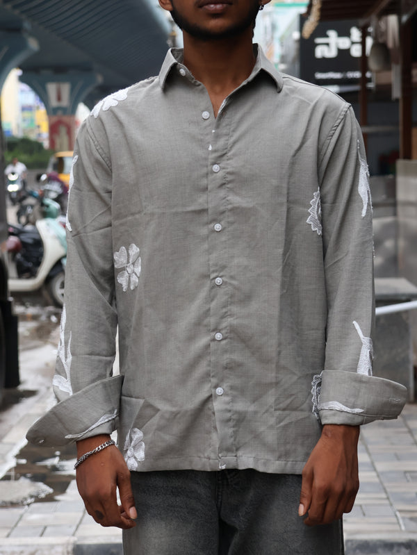 Stone Grey Floral Embroidered  Shirt