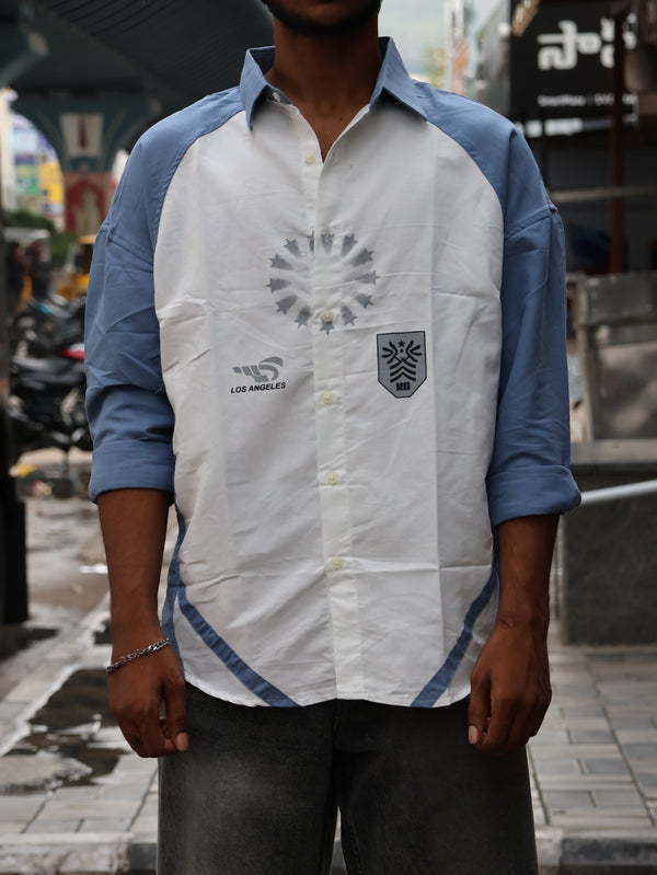 Sky Blue Raglan Graphic Button-Down