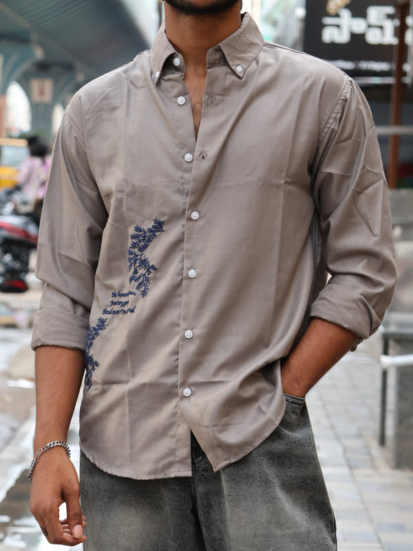 Taupe Botanical Verse Linen-Style Shirt