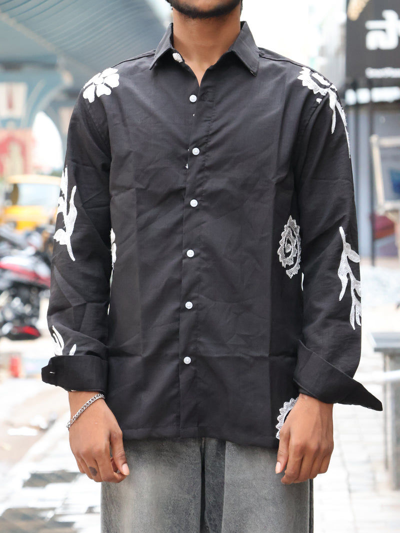 Midnight Bloom Embroidered Linen Shirt