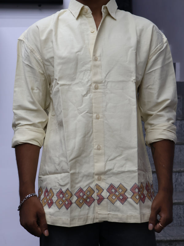 Geometric Border Embroidered Shirt – Cream