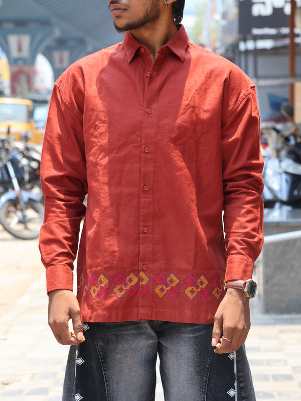 Terracotta Geometric Border Linen Shirt