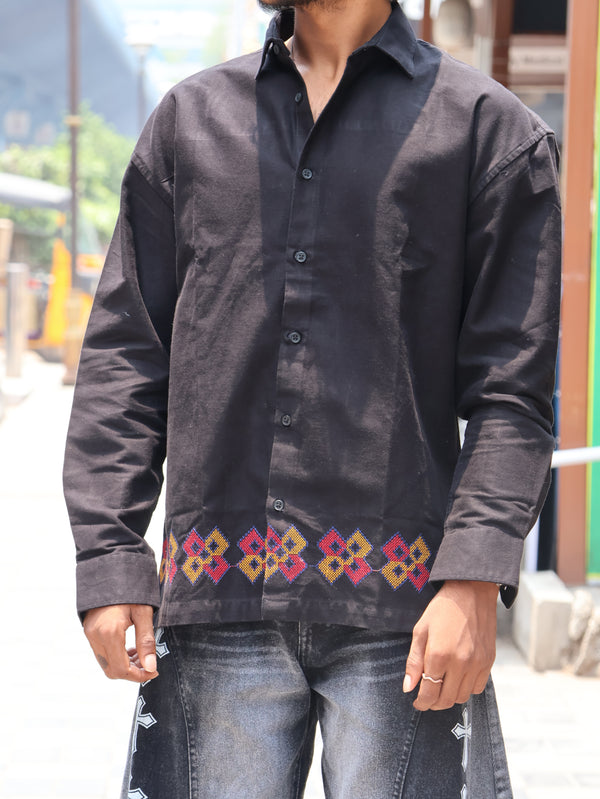 Geometric Embroidered Hem Streetwear Shirt