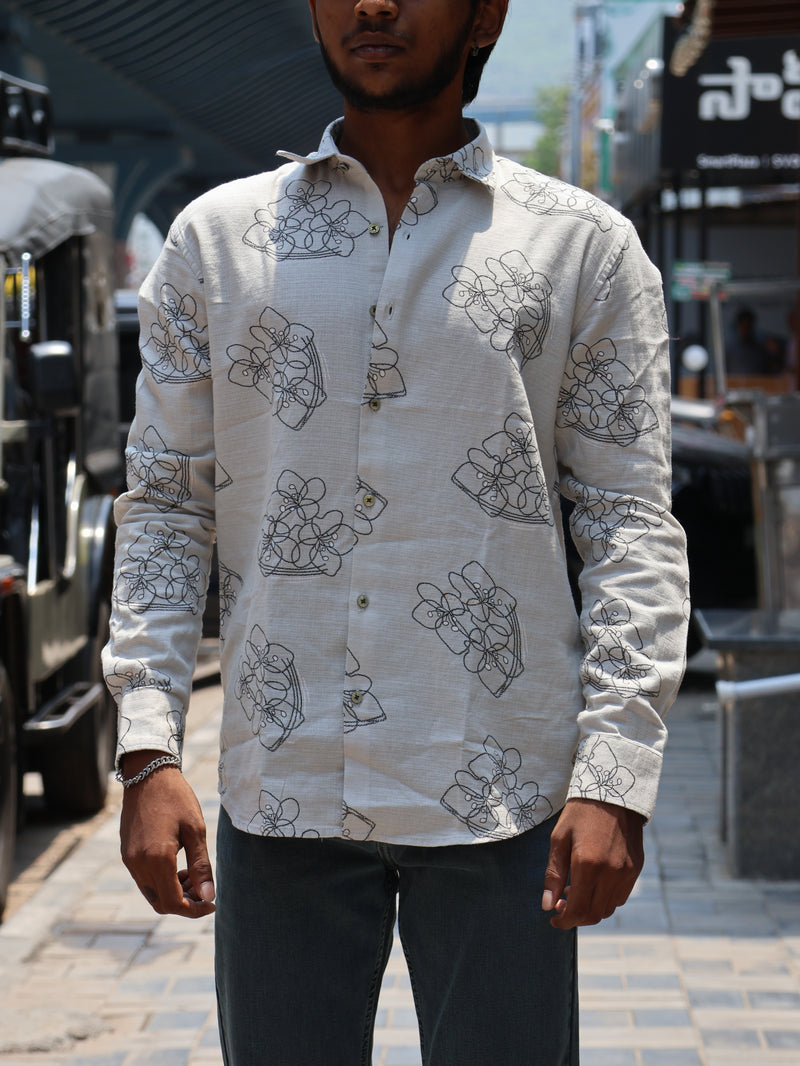 Abstract Floral Linen Shirt – Off-White