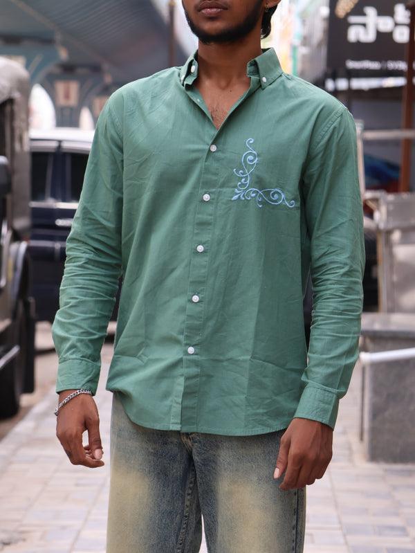 Baroque Embroidered Sage Linen-Blend Shirt
