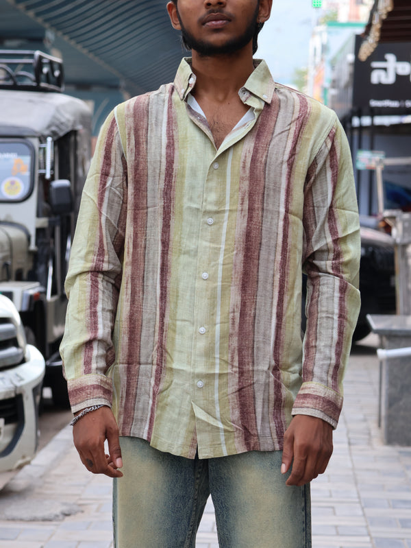 vintage Earth-Tone Striped Linen-Blend Shirt