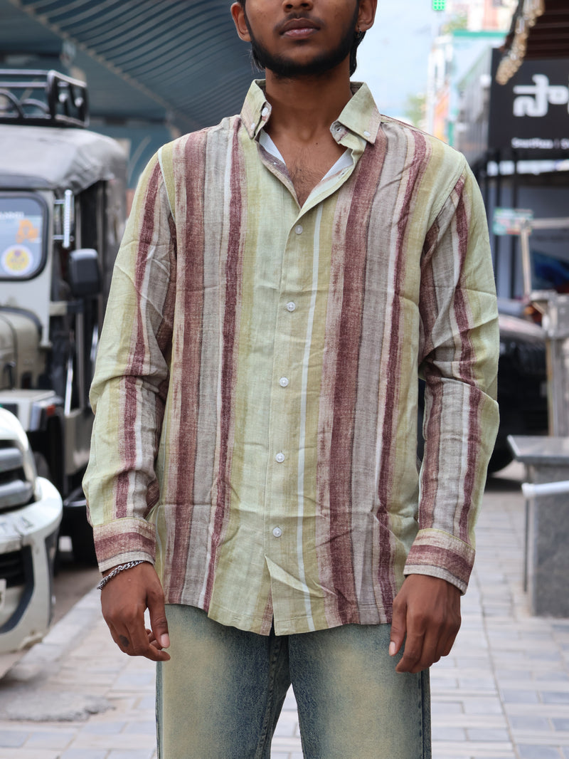vintage Earth-Tone Striped Linen-Blend Shirt