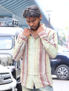 vintage Earth-Tone Striped Linen-Blend Shirt