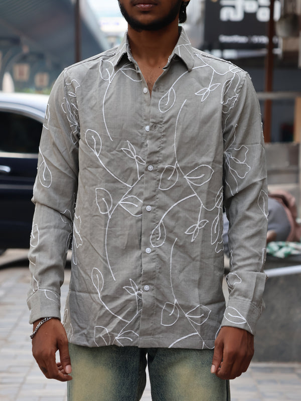 Baroque Embroidered olive green Linen-Blend Shirt
