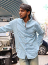 Baroque Embroidered sky blue Linen-Blend Shirt