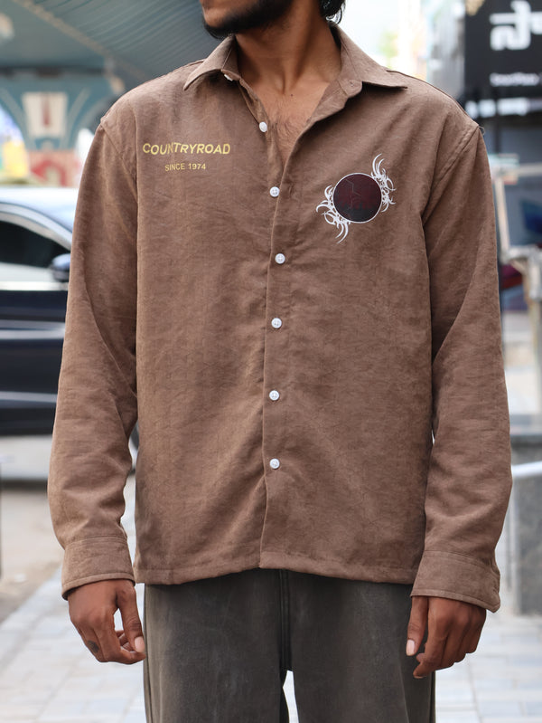 "Country Road" Textured Earth-Tone Streetwear Button-Up
