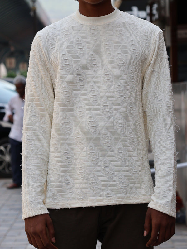 textured Distressed Knit Long-Sleeve – Off-White