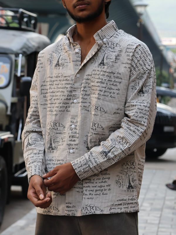 "Parisian Journal" Textured Script Button-Up – Cream