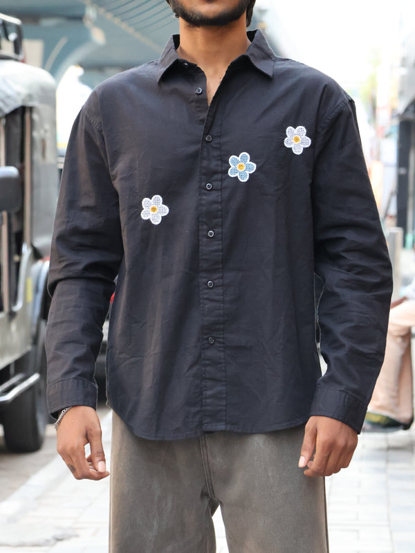 "Midnight Bloom" Embroidered Button-Up – Onyx Black