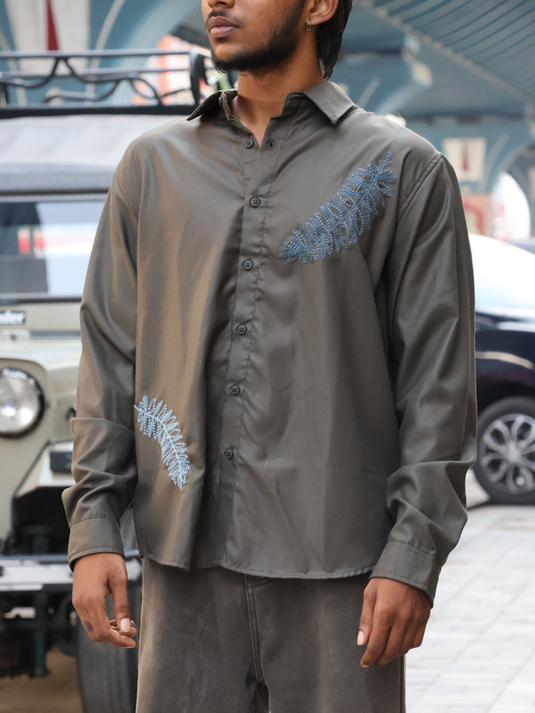 "Fern Fusion" Embroidered Streetwear Shirt – Olive Grey