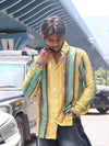 Earth-Tone Textured Striped Button-Down Shirt