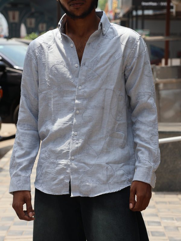 Vine-Embroidered Light Blue Linen-Blend Shirt