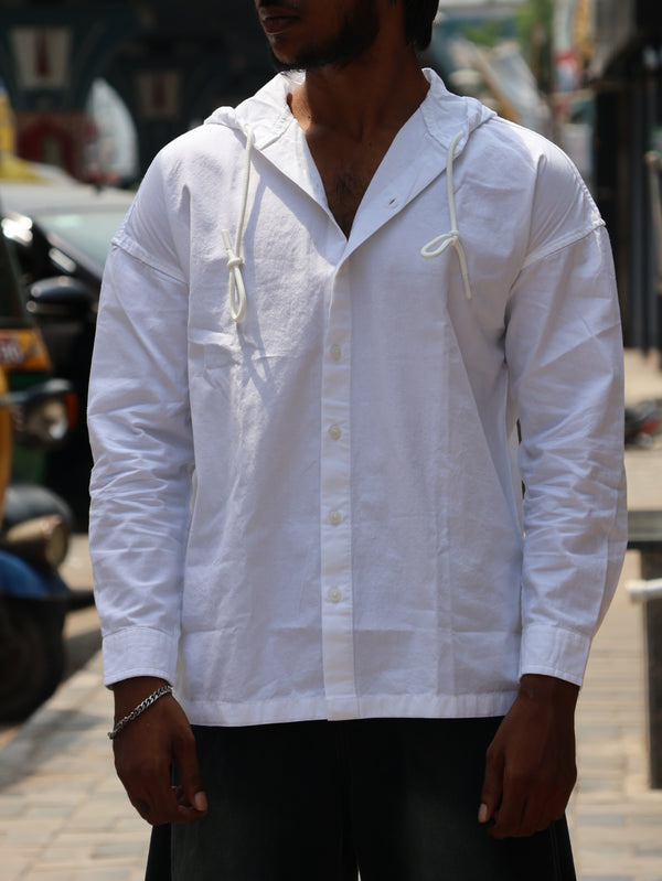 Filigree-Embroidered Hooded Button-Down Shirt – Crisp White