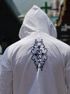 Filigree-Embroidered Hooded Button-Down Shirt – Crisp White