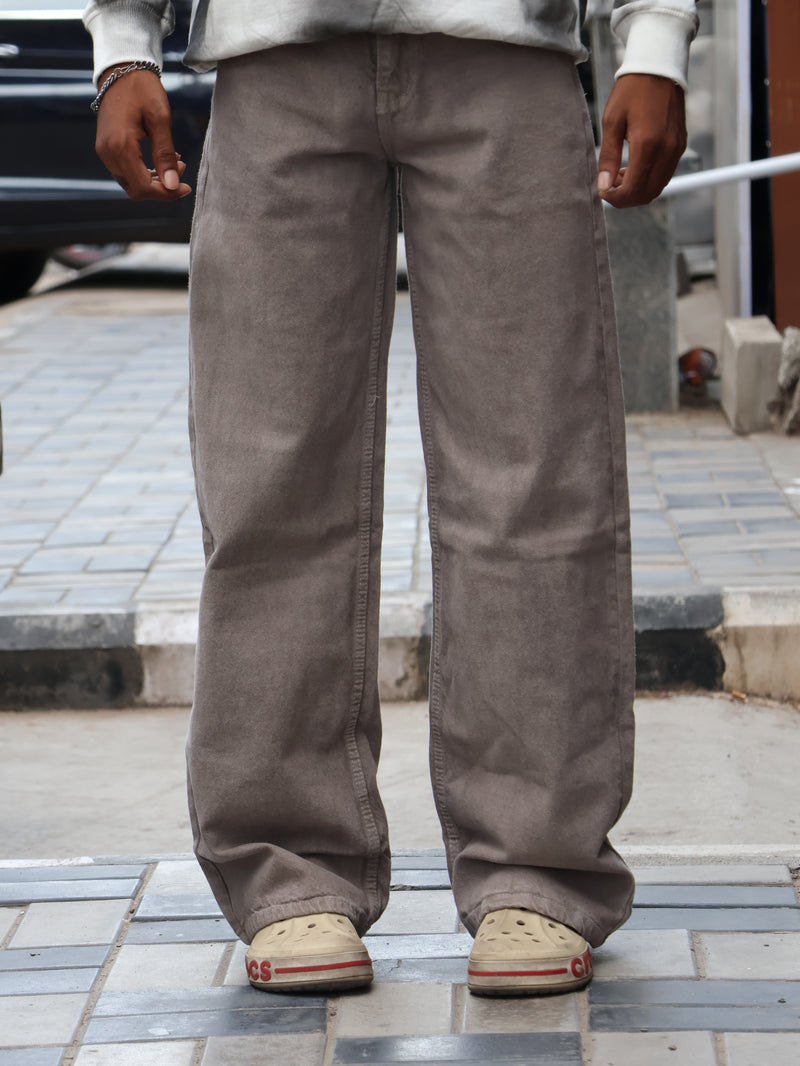 Washed Taupe Brown Straight Baggy Denim Jeans