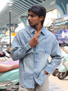 Oversized Panel Denim Shirt with Star Accent
