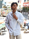 Oversized Slate Striped Shirt with Technical Buckle