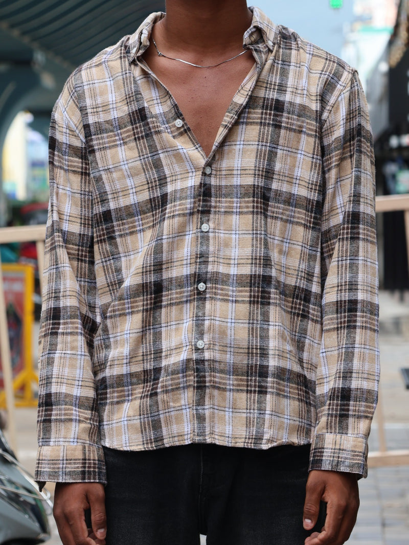 Beige & Brown Checkered Flannel Shirt