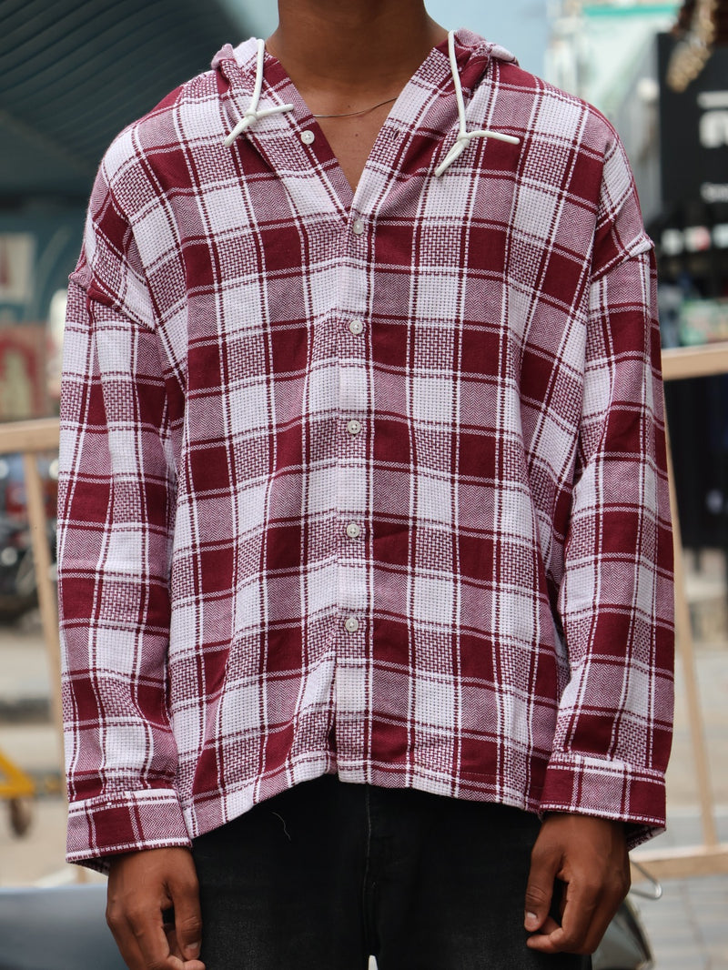 Maroon & White Checkered Hooded Shirt