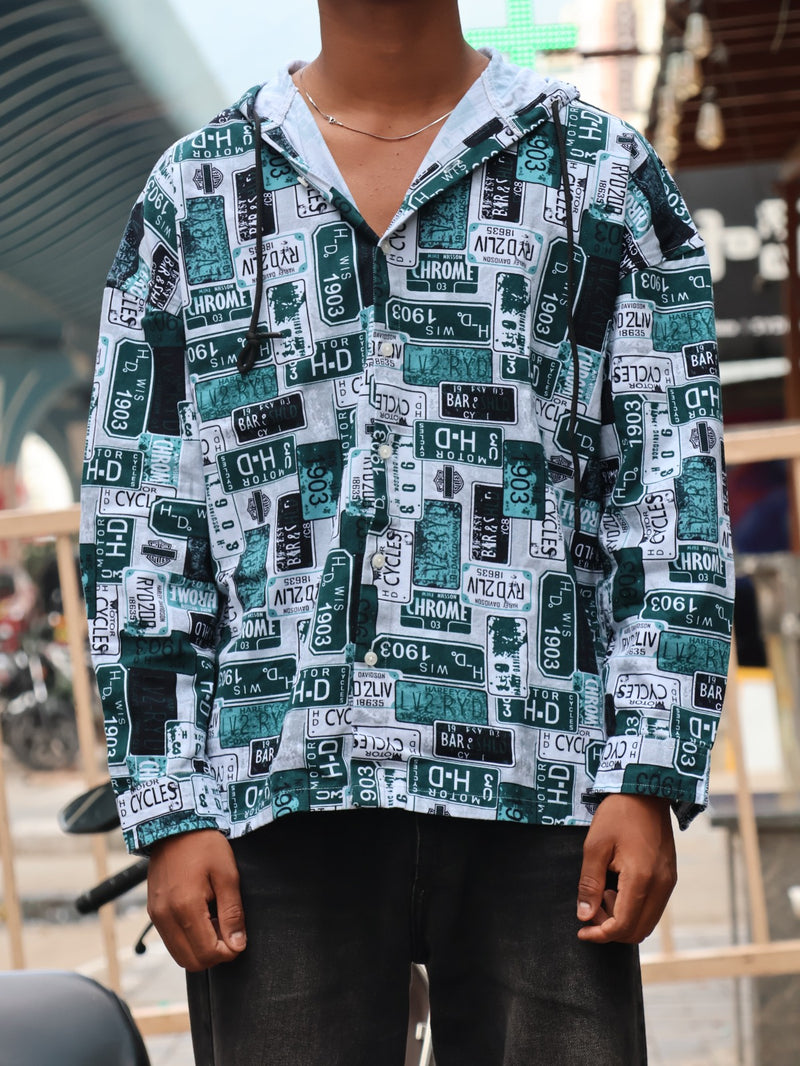 Teal & Black Graphic Hooded Shirt