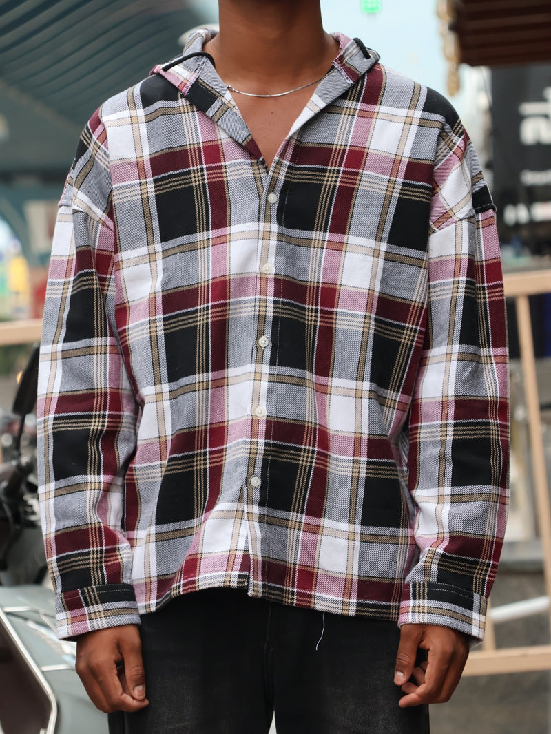 Maroon & Black Checkered Hooded Shirt